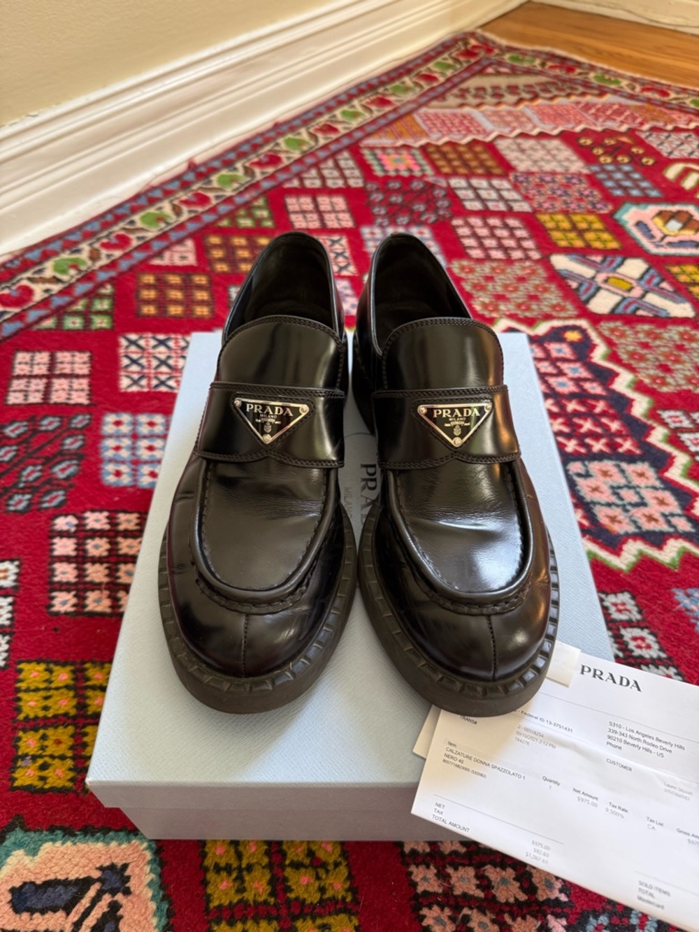 Prada Black Patent Leather Women’s Slip-On Loafers with Triangle Logo